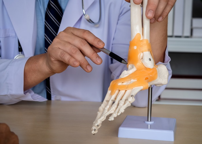 Close-up pen holding by orthopedic doctor man's hand in white coat pointing to foot skeleton, ankle joint anatomy model on desk to explain for patient in medical office. Physio treatment concept.