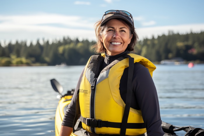 Portrait of smiling senior woman in life jacket and helmet standing on kayak