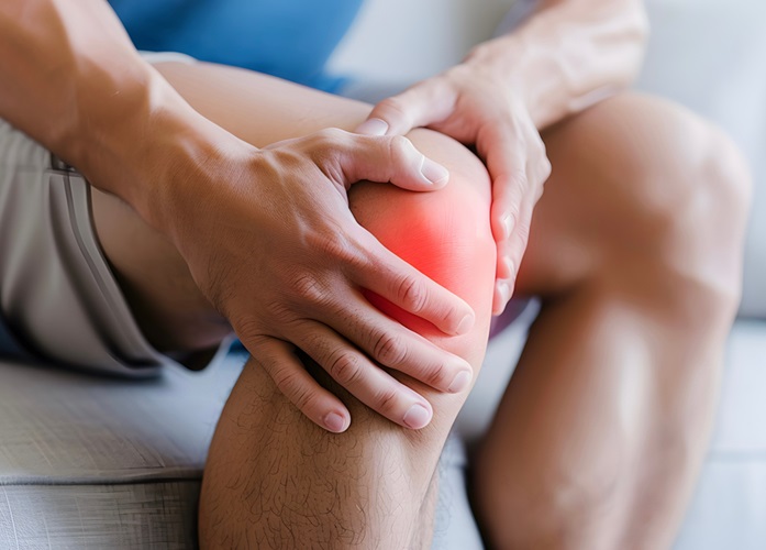 Knee joint pain in man. Concept of knee ligament injury