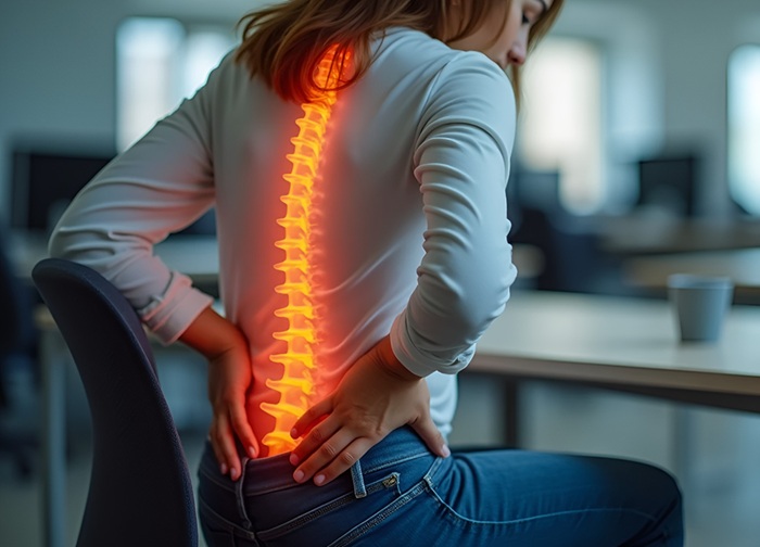 Woman sitting at desk with back pain