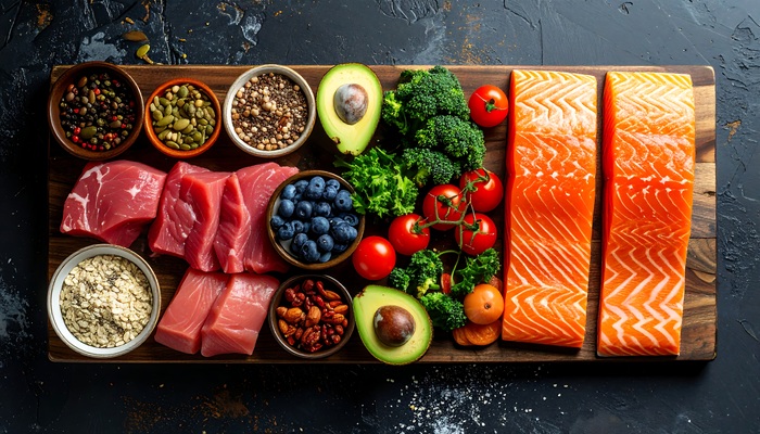 Flat lay of healthy, fresh foods including salmon, avocado, blueberries, and lean meats arranged on a wooden board, promoting a nutritious lifestyle
