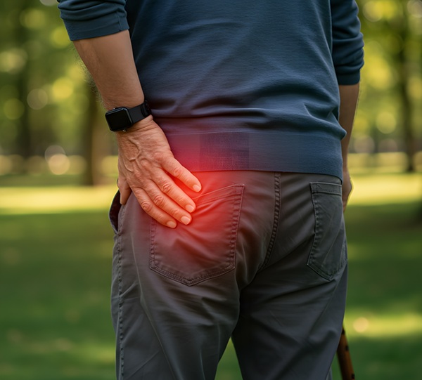 Man with hp pain walking with a cane