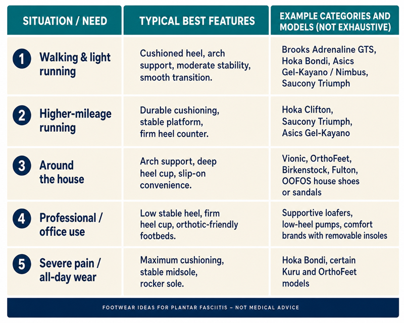 A graphic showing the best shoe types for plantar fasciitis