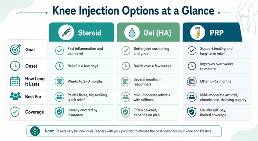 Knee injection comparison chart