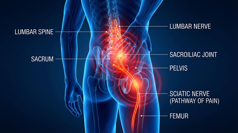Anatomical diagram of lower back with lumbar radiculopathy