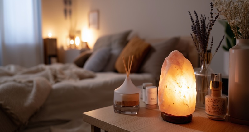 A cozy nighttime ritual setup in a softly lit room, featuring a glowing Himalayan salt lamp and a lavender essential oil diffuser, creating a peaceful, warm ambiance for relaxation and sleep.