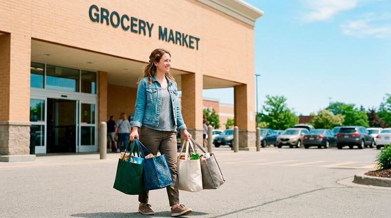 A woman leaving a grocery store carrying groceries in multiple shopping bags